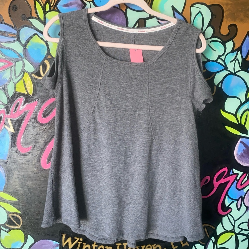 Calvin Klein Performance Gray Cold Shoulder Short Sleeve Shirt Size Large